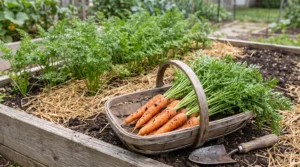 Freshly harvested carrots in a basket beside a straw-mulched carrot bed in a backyard garden