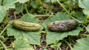 Dry shriveled baby cucumber compared with a soft moldy cucumber showing fruit rot