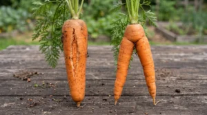 Split carrot with a lengthwise crack beside a forked carrot with two root branches